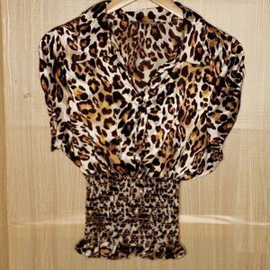 Jamie Nicole Womens Animal Print Short Sleeve Blouse With Shirred Bottom XS